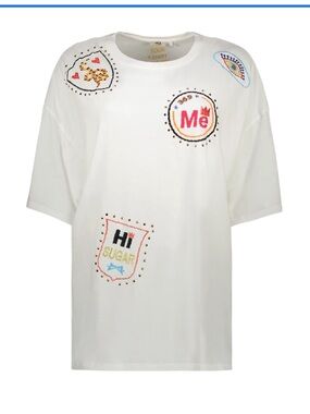 Me369 White Short-Sleeve Embroidered Angelina stickers, oversized lTee sizeXS/S